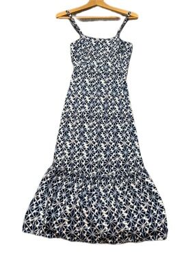 GAP Blue White Floral Tiered Maxi Dress Petite 2 Smocked Boho
